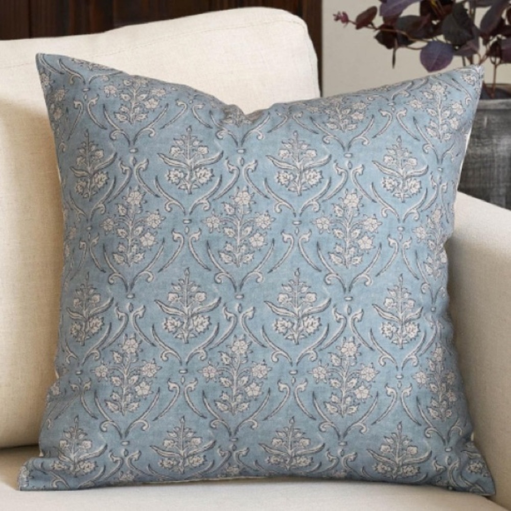 Farmhouse Block Print Light Blue Floral Throw Pillow Covers Set of 2
